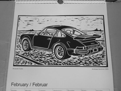 911 930 turbo andreas hentrich porsche calendar 1980 woodblock woodcut print 30 years 1979 parade