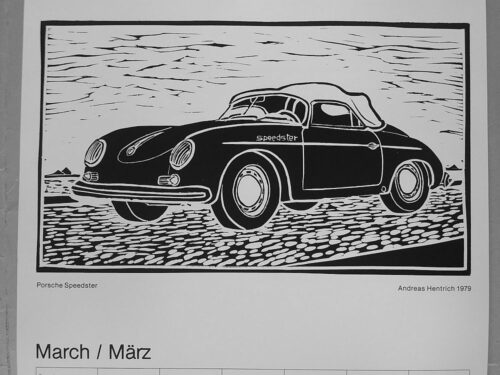 356 speedster andreas hentrich porsche calendar 1980 woodblock woodcut print 30 years 1979 parade