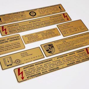 78 porsche 928 row euro gold metal foil sticker decal 92870116302 high voltage 92800610500 firing order 92800610300 emissions control 92800610300 ignition timing 92870115102 fan warning 9287015302 intensive washer 92800650500 tire pressure 92800650500 9287015502 battery cover 92870115702 spare tire pressure 92870115703