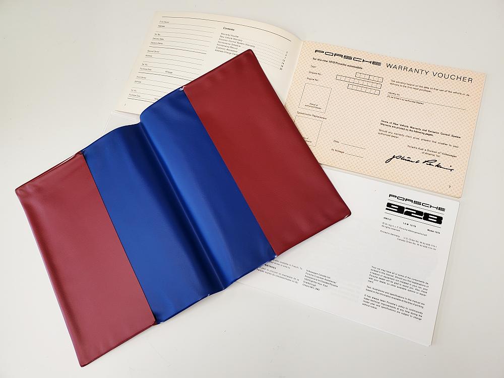 1979 porsche 928 owners manual warranty maintenance booklet maroon-blue jacket cover, concours presentation level kit